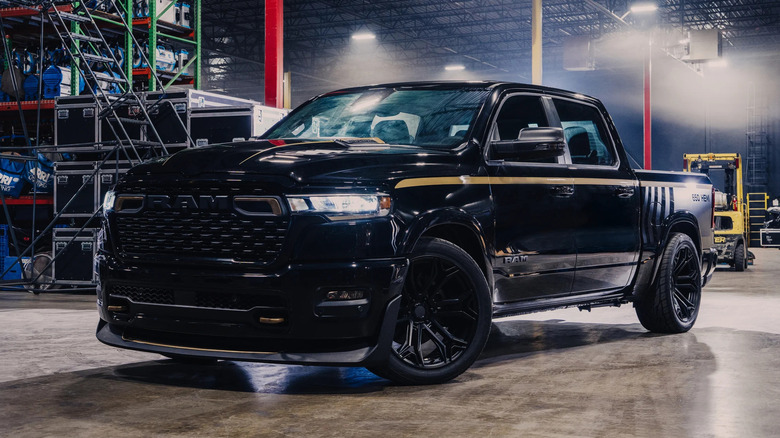Front 3/4 view of a Fox Factory Vehicles Ram 1500 Lowered street truck
