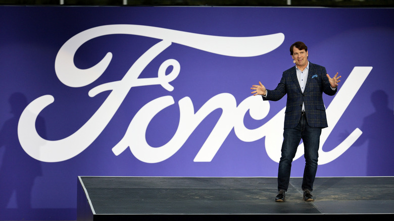 Jim Farley the CEO of Ford addresses the crowd during the introduction of the Ford New Super Duty Truck at the historic track at Churchill Downs on September 27, 2022 in Louisville, Kentucky.