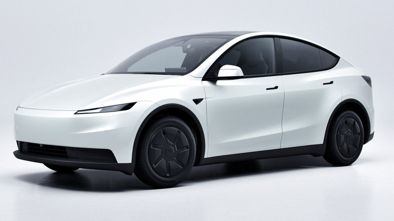 Front 3/4 view of a white Tesla Model Y Standard